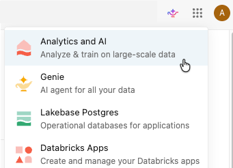 The app switcher showing the Lakehouse option updated to Analytics and AI.