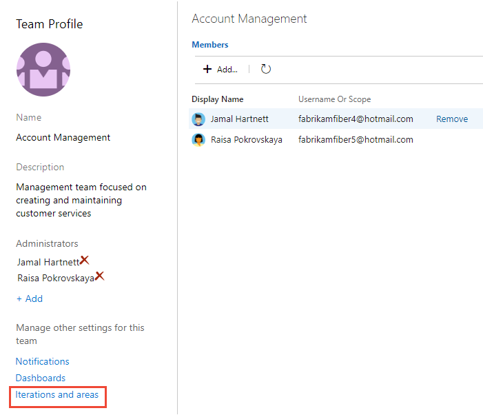 Team Profile, choose Iterations and area