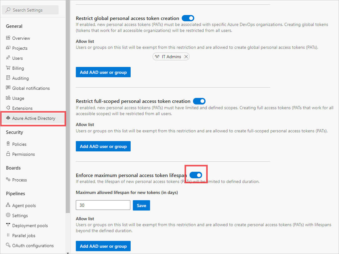 Screenshot of toggle moved to on position for Enforce maximum PAT lifespan policy.