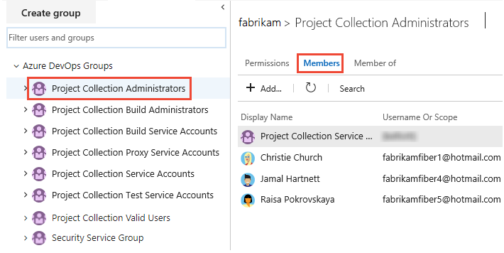 Security, Project Collection Administrators group, Members tab