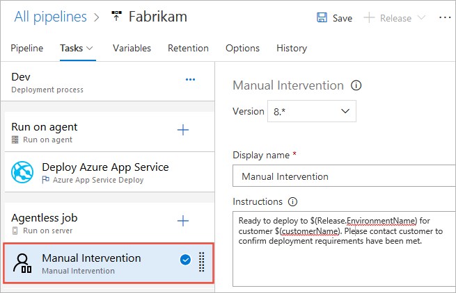 Screenshot of configuring a Manual Intervention task.