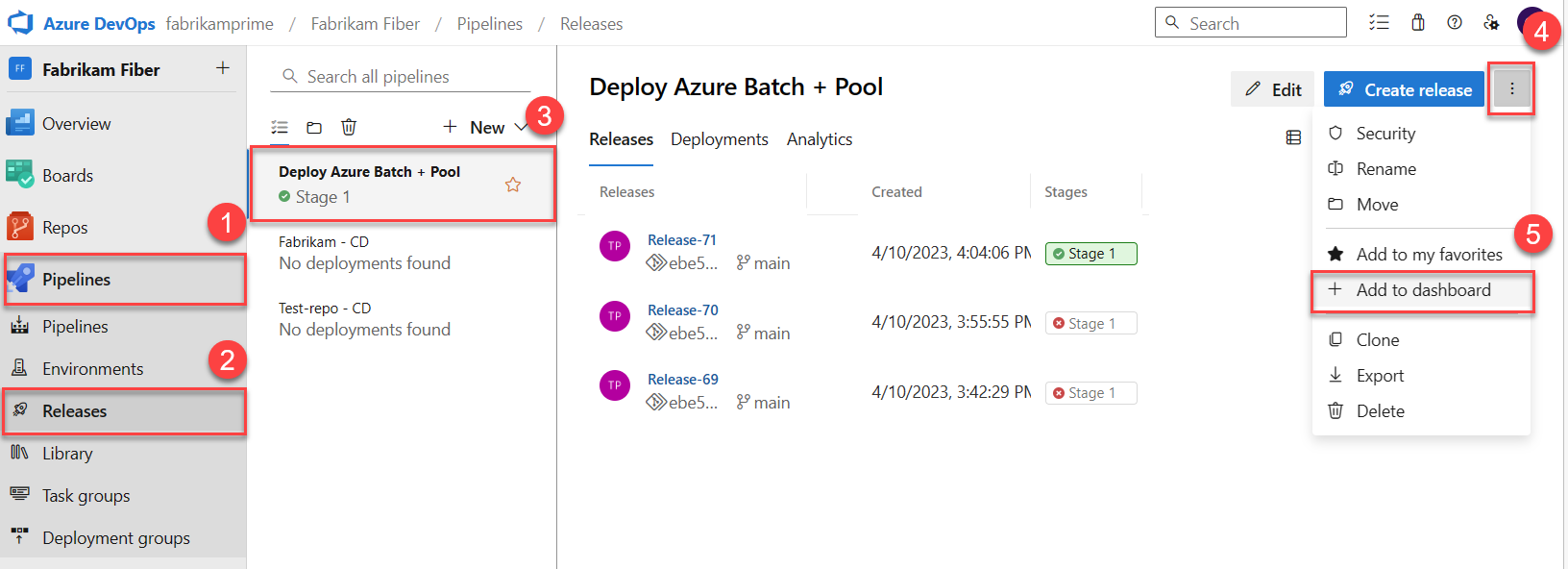 Screenshot of Add a Release pipeline chart to a dashboard.