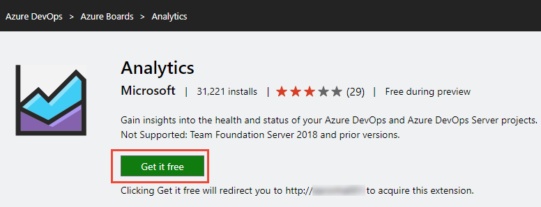 Screenshot of Analytics Marketplace extension, Select Get it free.
