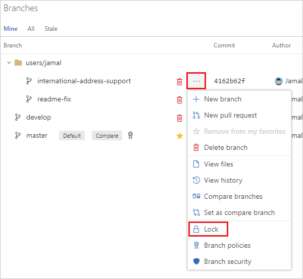 Lock a branch from the branches context menu