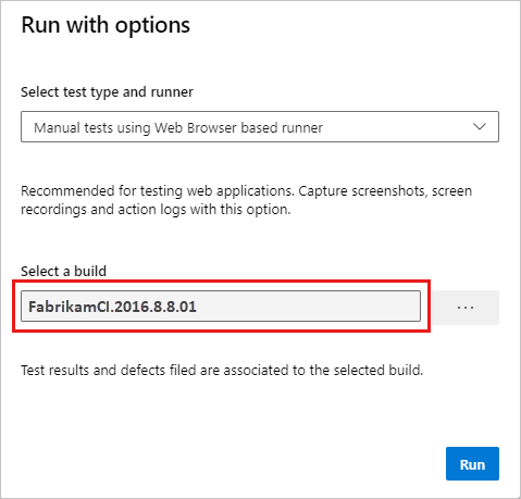 Screenshot shows the Run with options dialog box with a build selected.