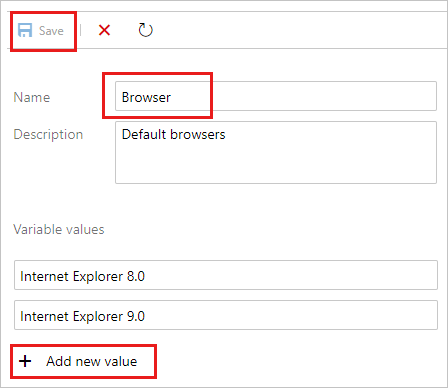 Screenshot shows adding values to a new configuration variable.