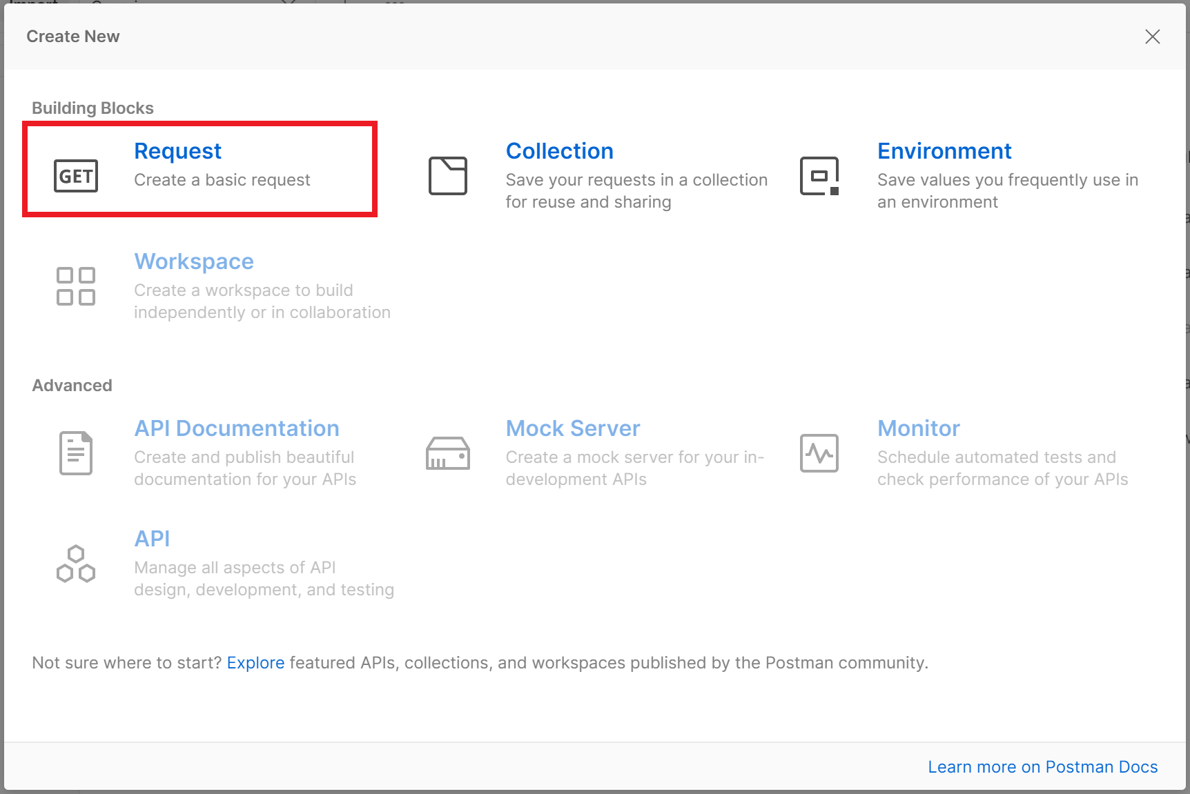 Screenshot of the 'Create New' dialog in Postman. The 'Request' option is highlighted.