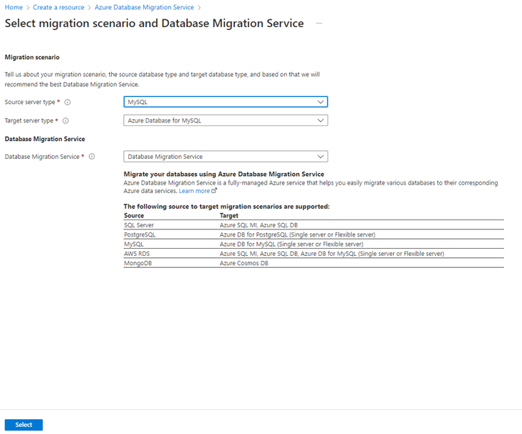 Screenshot of a Select Migration Scenario.