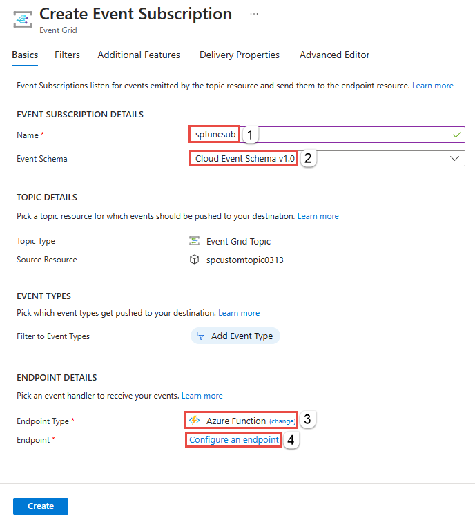 Screenshot that shows the Create event subscription page.
