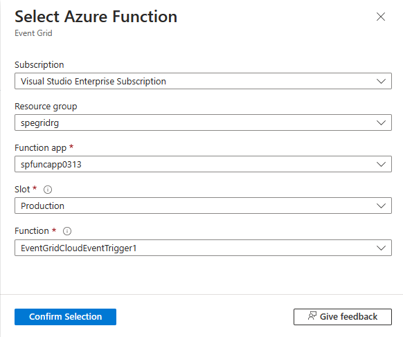 Screenshot that shows the Select Azure function page.