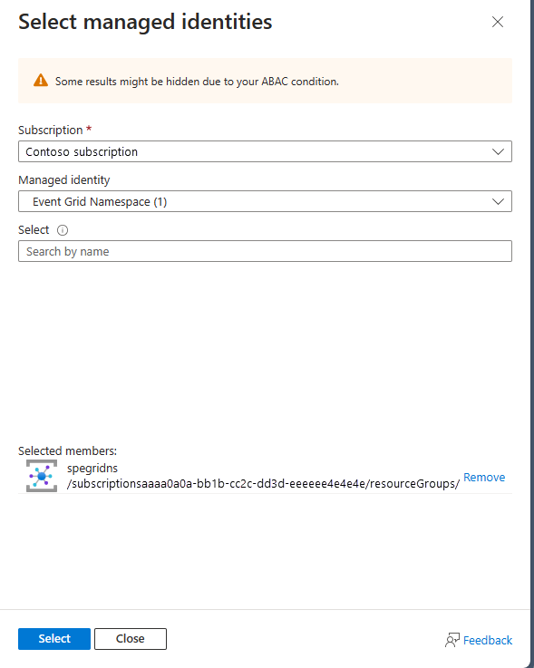 Screenshot that shows the Select managed identities page with the Event Grid namespace's managed identity selected.