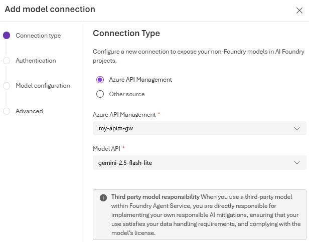 Screenshot of selecting an API Management resource in the Foundry portal.