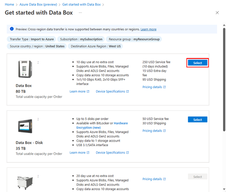 Screenshot showing the screen for selecting an Azure Data Box product. The Select button for Data Box is highlighted.