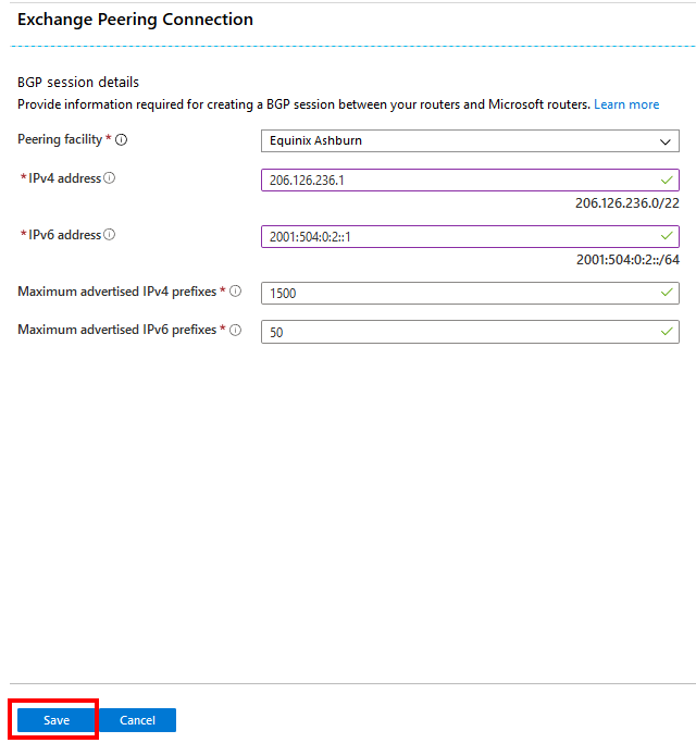 Exchange Peering Connection page