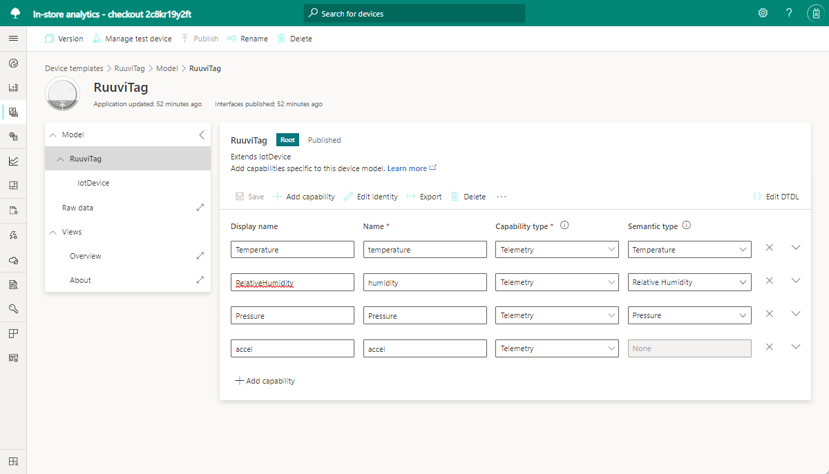 Screenshot that shows the in-store analytics application RuuviTag device template.