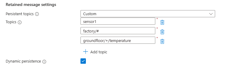 [Screenshot changing data persistence retained messages options the Azure portal]