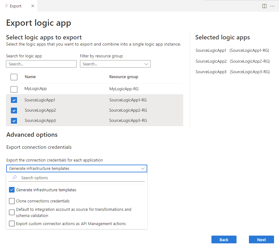 Screenshot showing 'Select logic apps to export' section with logic apps selected for export.