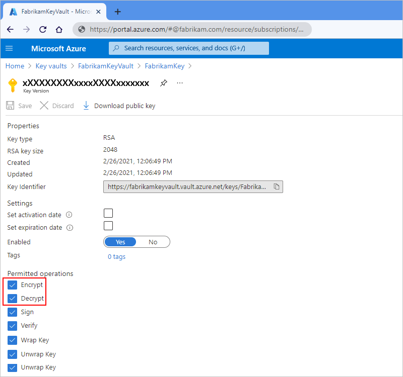 Screenshot showing the Azure portal with the key vault, key, and key version panes open, which has the "Encrypt" and "Decrypt" operations selected.