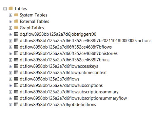 Screenshot shows SQL tables created by the single-tenant Azure Logic Apps runtime.