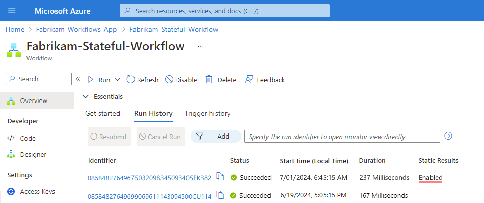 Screenshot showing the workflow run history.