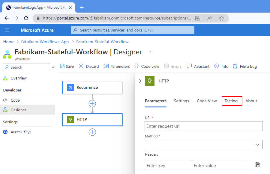 Screenshot showing the Azure portal, workflow designer, action details pane, and "Testing" selected.