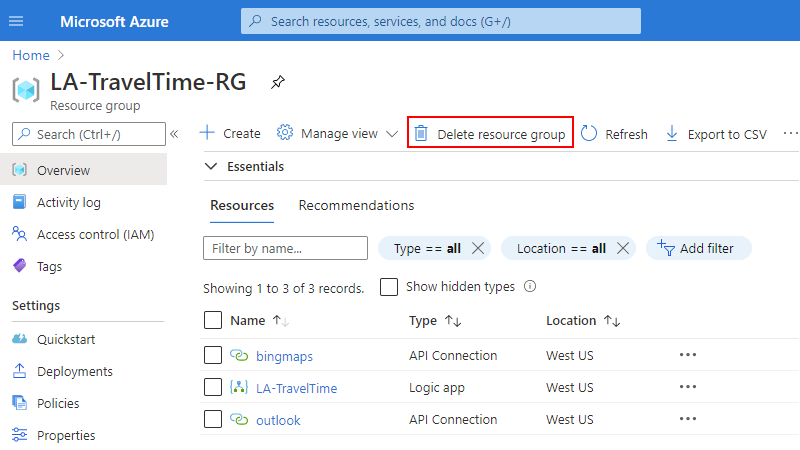 Screenshot that shows the resource group's "Overview" pane and on the pane's toolbar, "Delete resource group" is selected.