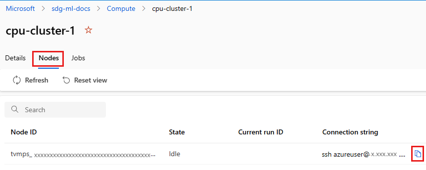 Screenshot that shows connection string for a node in a compute cluster.