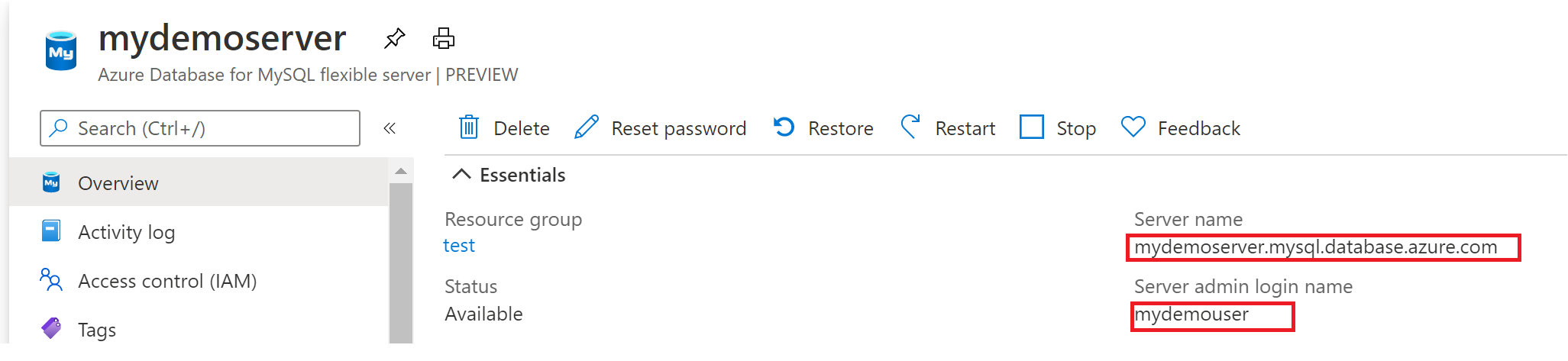 Azure Database for MySQL flexible server instance name