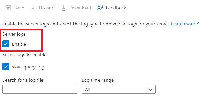 Screenshot showing Enable Server Logs.