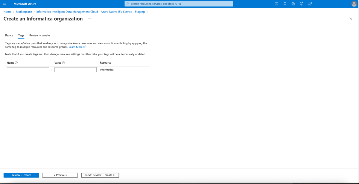 Screenshot showing the tags pane in the Informatica create experience.