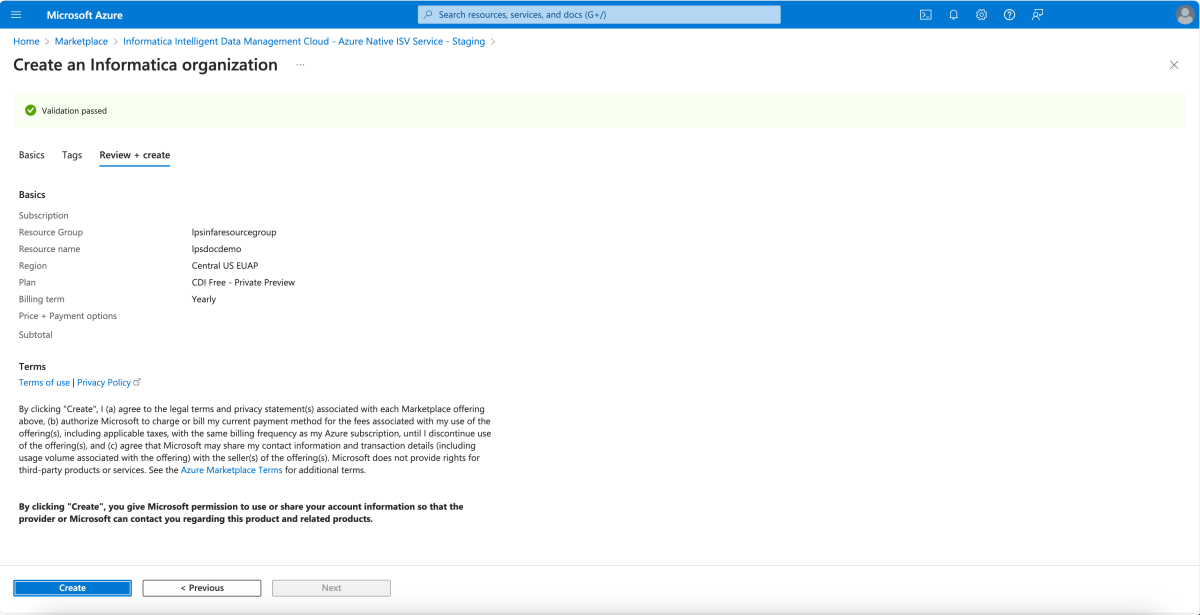 Screenshot of review and create Informatica resource.
