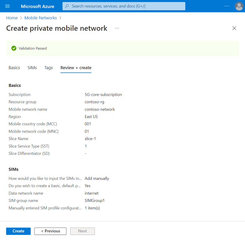 Screenshot of the Azure portal showing validated configuration for a private mobile network.