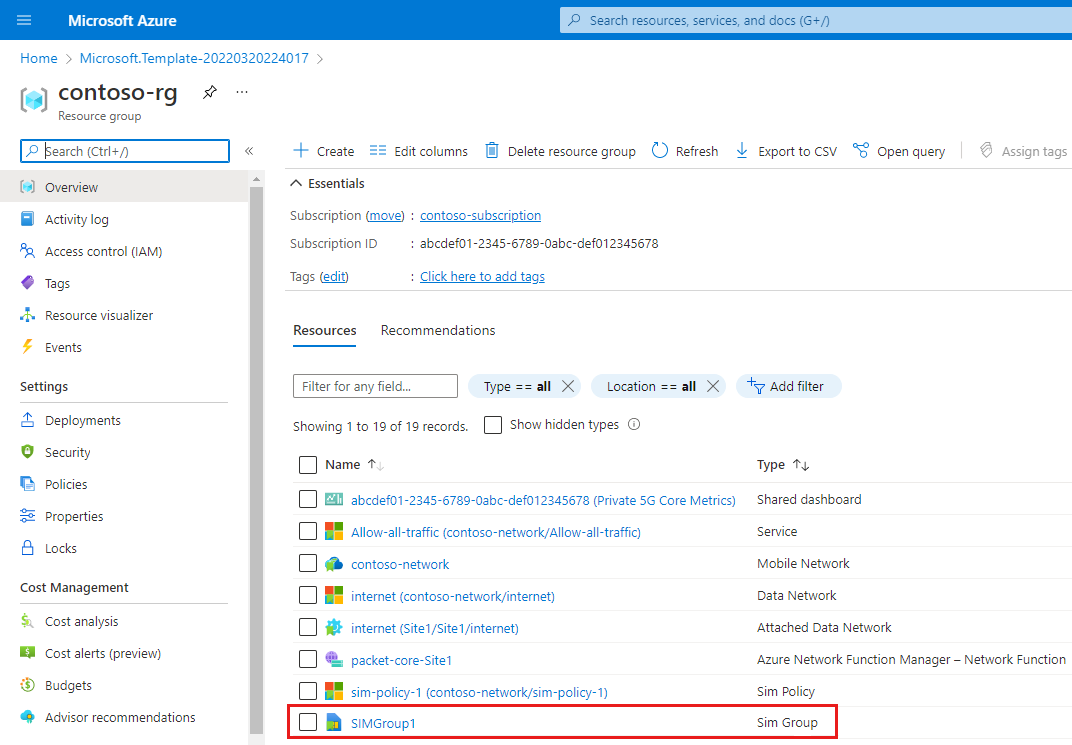 Screenshot of the Azure portal showing a resource group containing a newly created SIM group.