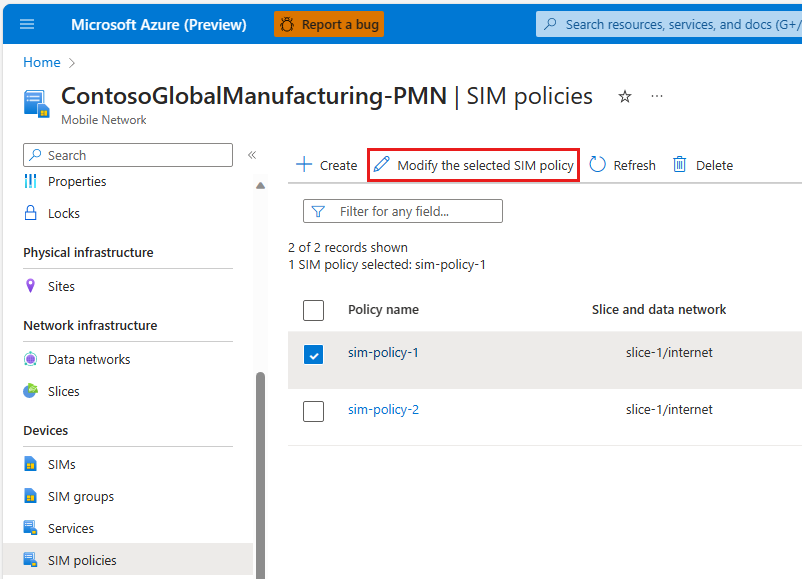 Screenshot of the Azure portal showing the modify SIM policies option.