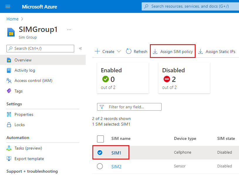 Screenshot of the Azure portal showing a list of SIMs. The SIM1 resource and the Assign SIM policy option are highlighted.