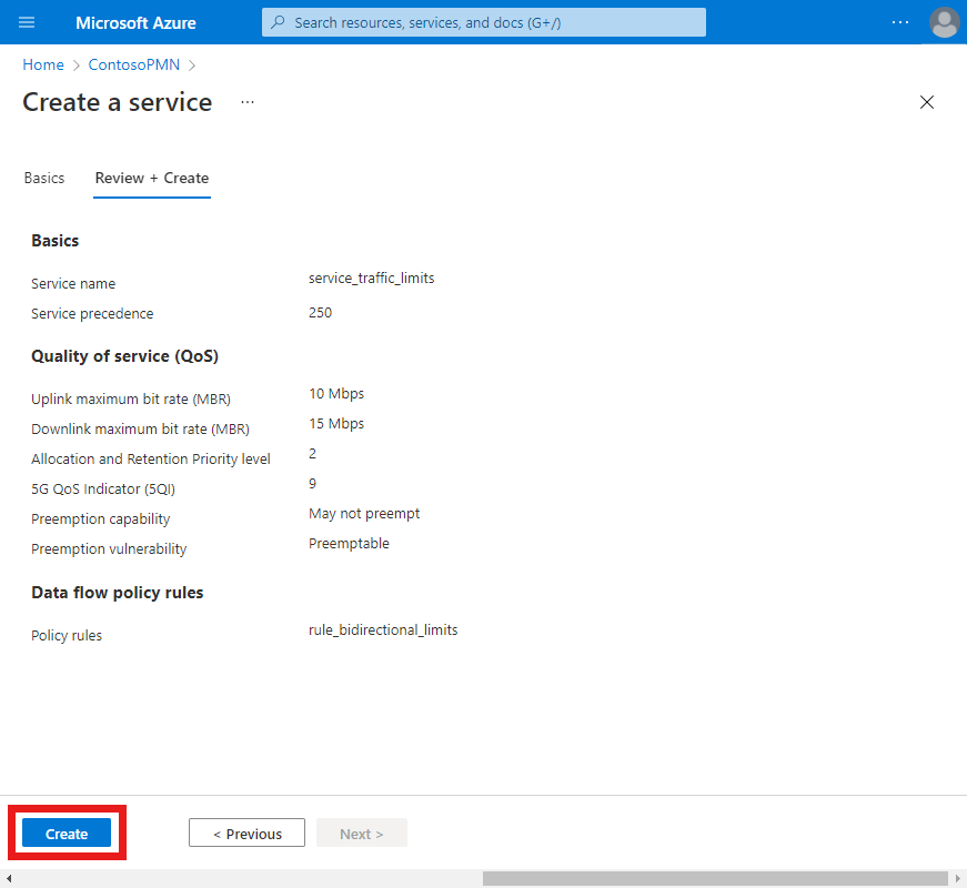 Screenshot of the Azure portal. It shows the Review and create tab with complete configuration for a service. The Create button is highlighted.