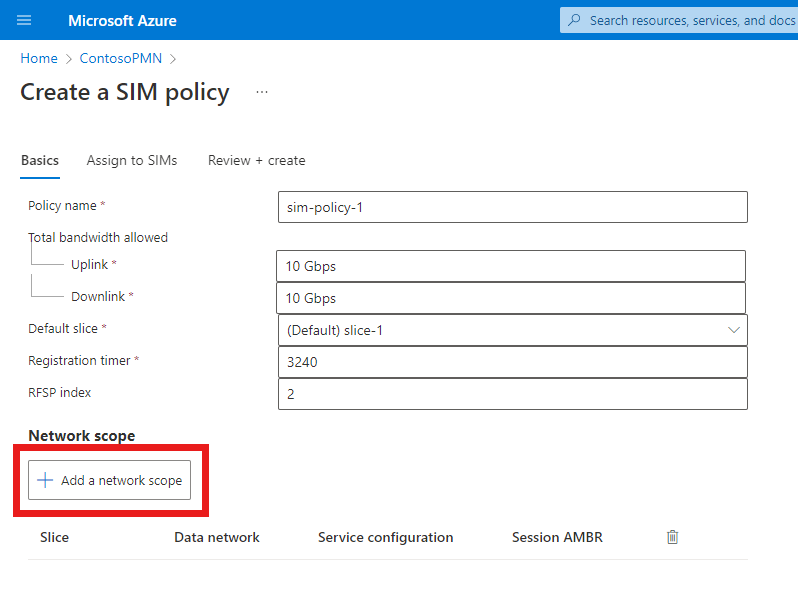 Screenshot of the Azure portal showing the Create a SIM policy screen. The Add a network scope option is highlighted.
