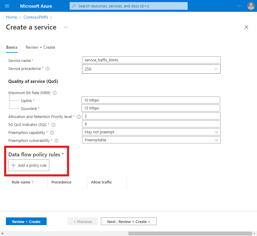 Screenshot of the Azure portal showing the Create a service screen with traffic limiting configuration. The Add a policy rule button is highlighted.