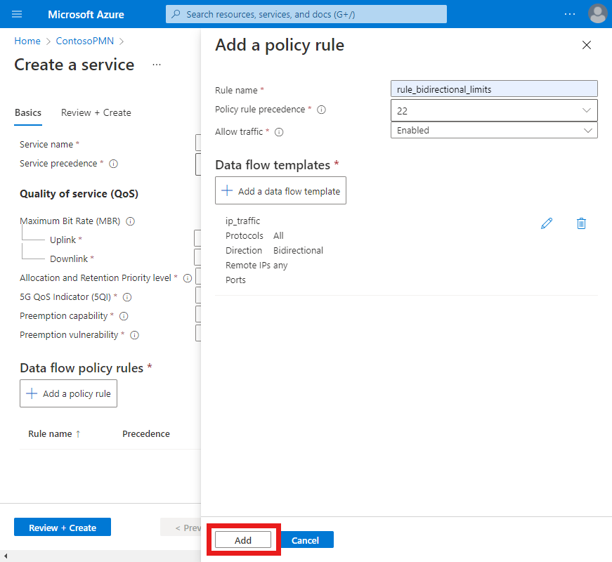Screenshot of the Azure portal. The Add a policy rule screen is shown with traffic limiting configuration and the Add button is highlighted.