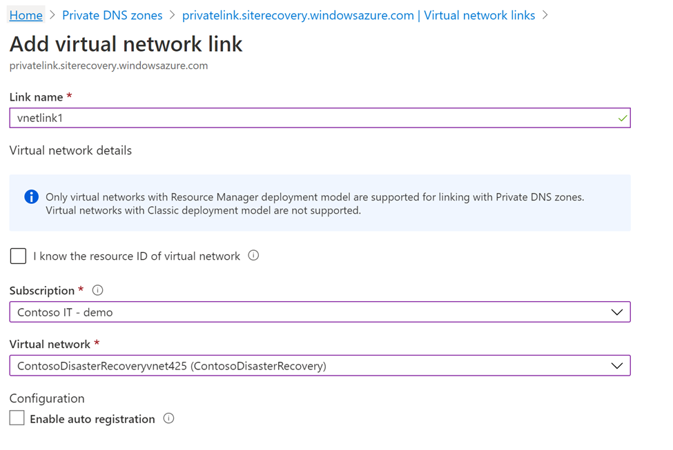 Shows the page to add a virtual network link with the link name, subscription, and related virtual network in the Azure portal.