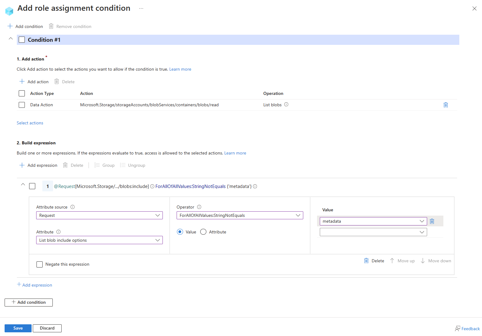 Screenshot of condition editor in Azure portal showing a condition to restrict a user from listing blobs when metadata is included in the request.