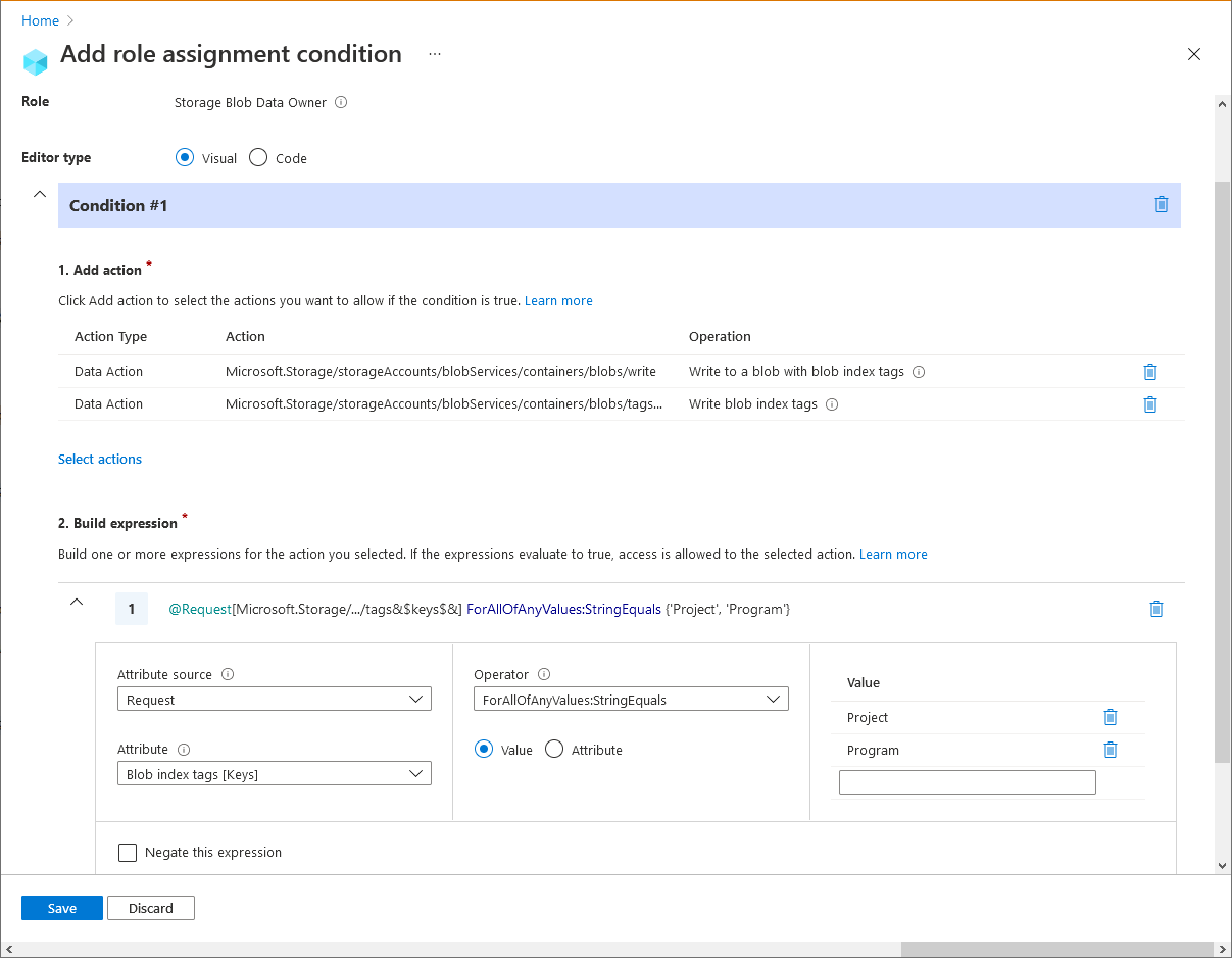 Screenshot of condition editor in Azure portal showing existing blobs must have blob index tag keys.