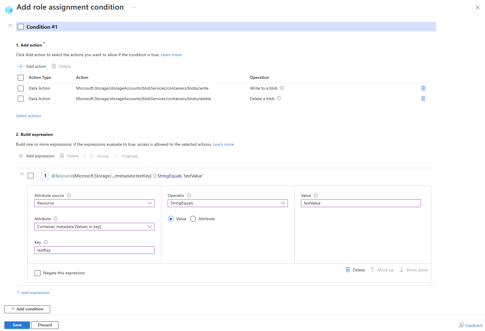Screenshot of condition editor in Azure portal showing write and delete blob in container with specific metadata.