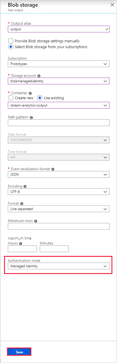 Configure Azure Blob storage output