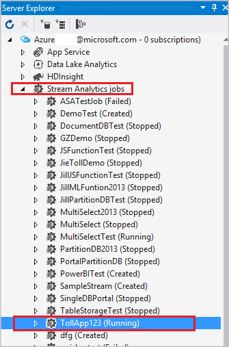 Stream Analytics server explorer list