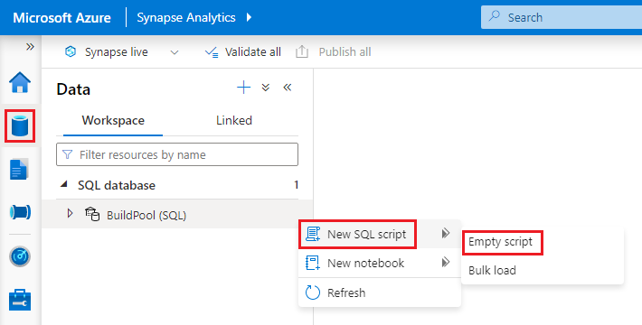 Screenshot that shows how to create a new empty SQL script from Synapse Studio.