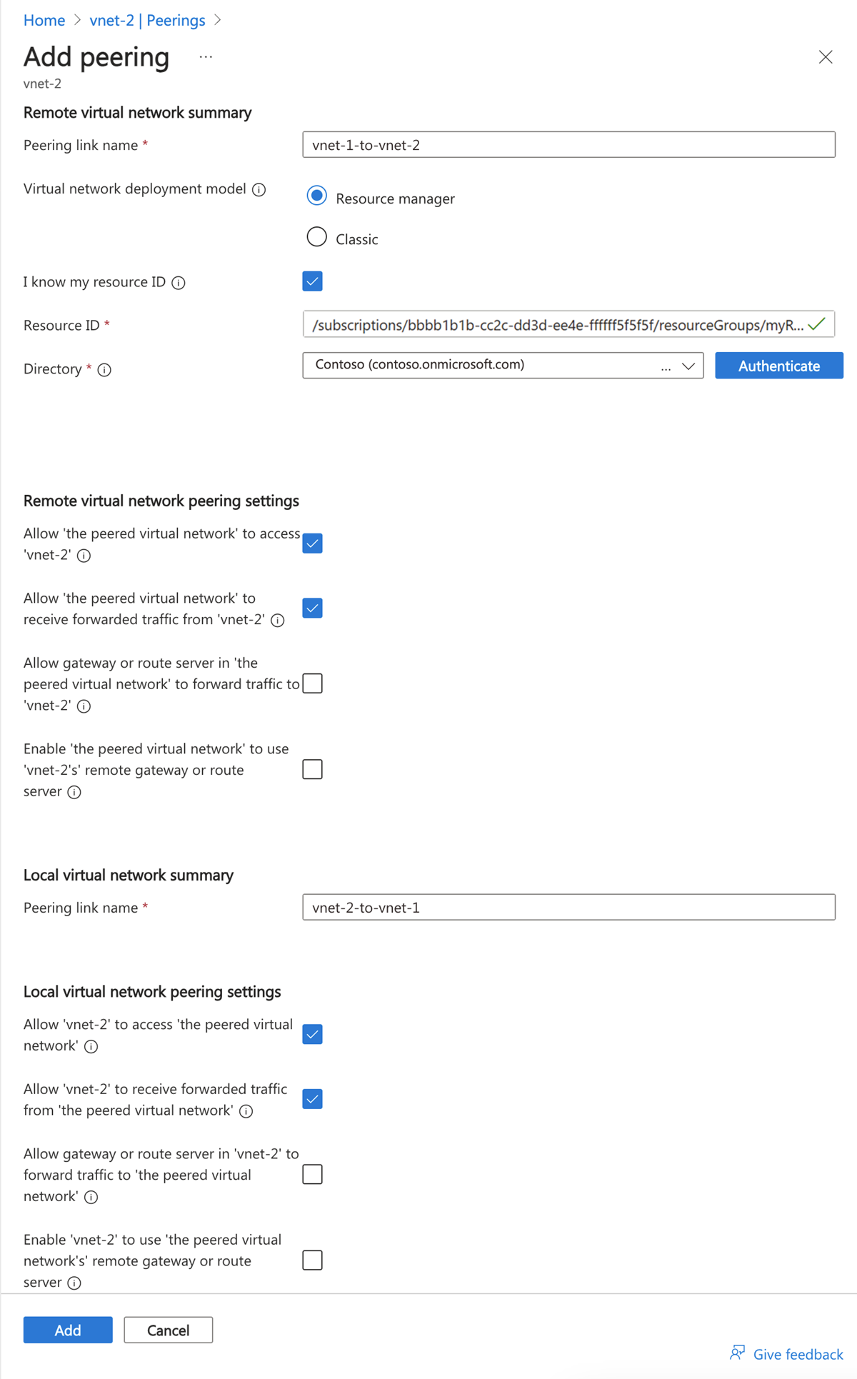 Screenshot of peering from vnet-2 to vnet-1.