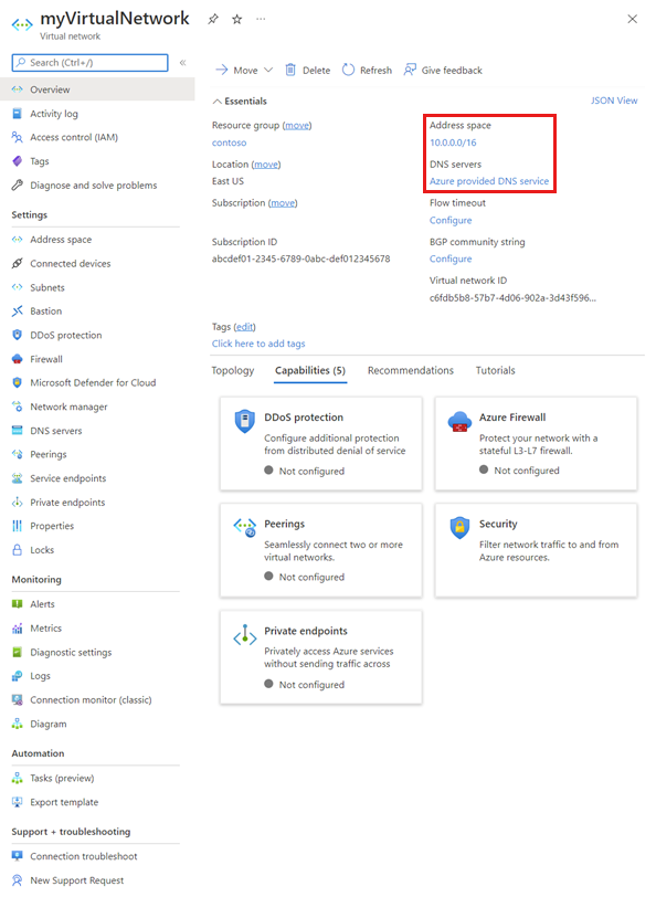 Screenshot of the Virtual Network overview page. It includes essential information including resource group, subscription info, and DNS information.