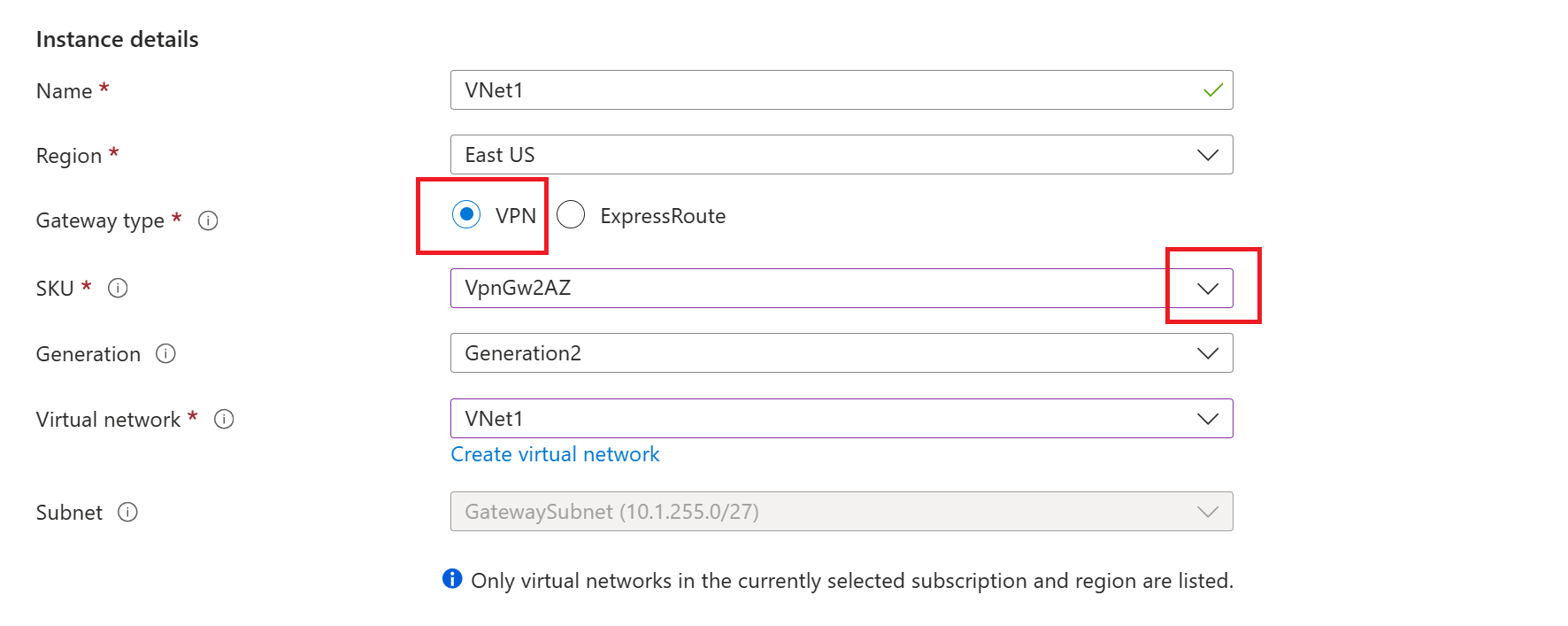 Screenshot shows the VPN Gateway SKU selection to select an availability zone SKU.