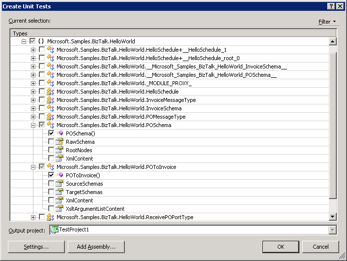 SchemaAndMapsUnitTestWizardSelection Image that shows the Create Unit Tests dialog box.
